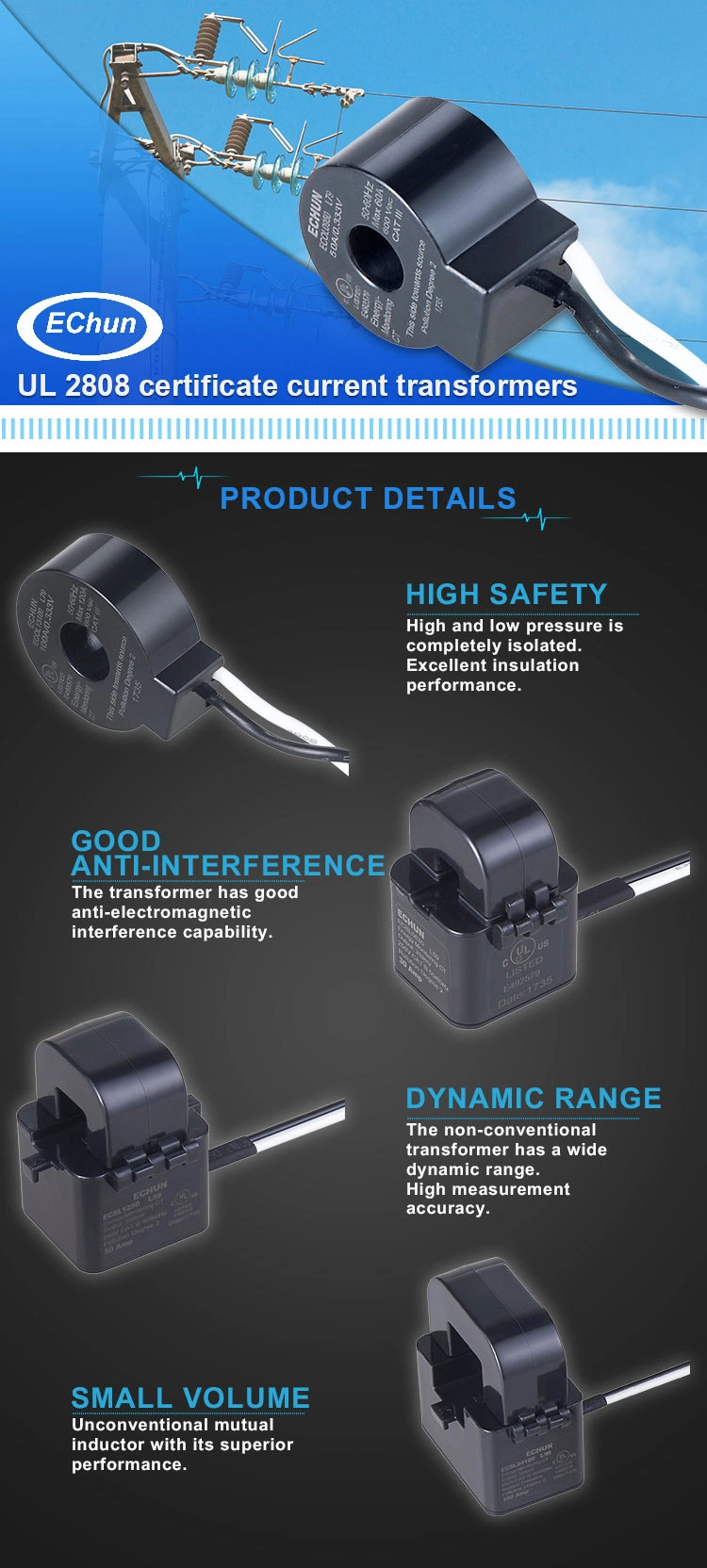 UL Ce 50A/25mA Ferrite Core Split Core Current Sensor